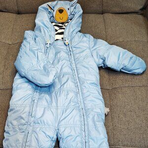 European Elegance: Coccodrillo Boys' Blue Plush Snowsuit with Bear Hood!